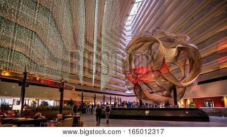 SAN FRANCISCO, CA - September 02, 2014: The sculpture Eclipse in the lobby of Hyatt Regency Hotel.  Eclipse is an anodized aluminum sculpture realized in 1973 by the artist Charles O. Perry