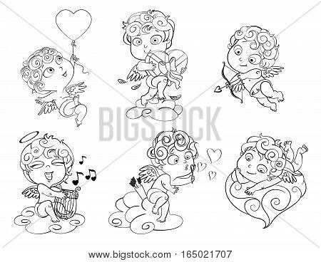 Cupid lies on a cloud, flying in a balloon in the shape of heart, holding a box of chocolates, ready to shoot his arrow, playing music on the lyre, blow bubbles. Coloring book. Vector illustration