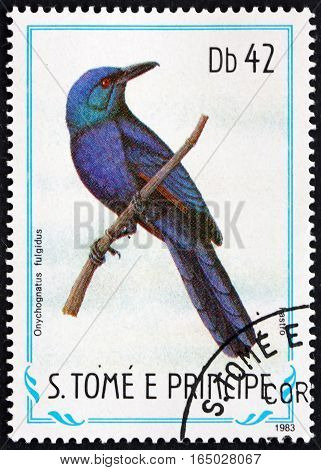 SAO TOME AND PRINCIPE - CIRCA 1983: a stamp printed in Sao Tome and Principe shows Chestnut-winged Starling Onychognathus Fulgidus Bird circa 1983