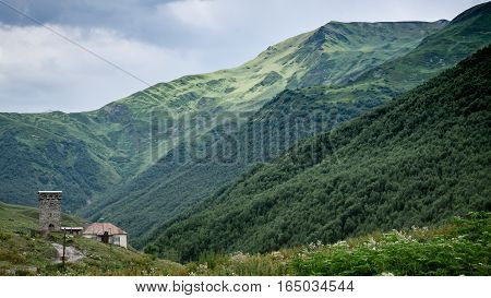 Ushguli, Georgia - August 2, 2015: Rock tower in Ushguli, Upper Svaneti, Georgia, Europe