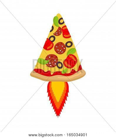 Hot Pizza Rocket. Piece Of Fast Food And Flame