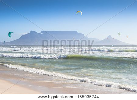 Kite surfers at Blouberg Beach Cape Town South Africa