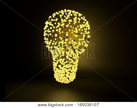 Light bulb made from connected yellow glowing spheres and lines on a dark background. Luminous balls in light bulb shape. Idea concept. 3D illustration