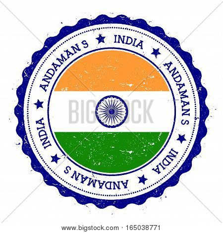 Andaman Islands Flag Badge. Vintage Travel Stamp With Circular Text, Stars And Island Flag Inside It