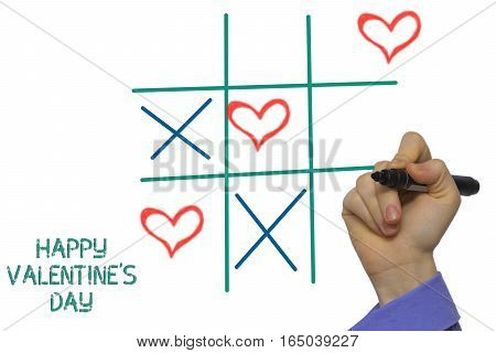 Happy Valentines day TIC-TAC-toe by xoxo written on the white Board