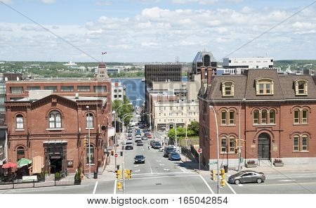 The view of Prince Street stretching down to the bay in Halifax city (Nova Scotia Canada).