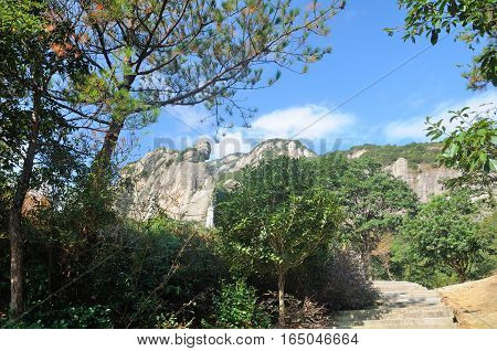 Stone steps leading up the mountains in the Fangdong scenic area of Yandangshan located in Zhejiang province China.