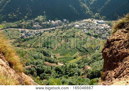 The village of Shanglingyancun and farmlands within the mountains in the Fangdong scenic area of Yandangshan located in Zhejiang province China.