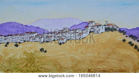 Ink and Watercolor painting of The Spanish hillside town of Alora Andalucia.