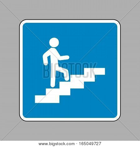 Man On Stairs Going Up. White Icon On Blue Sign As Background.