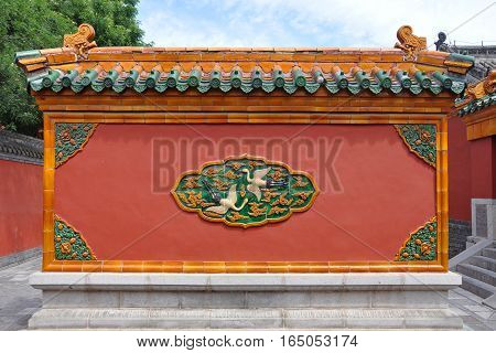 Screen Wall in detail in the Shenyang Imperial Palace Mukden Palace, Shenyang, Liaoning Province, China.  Shenyang Imperial Palace is UNESCO world heritage site built in 400 years ago.