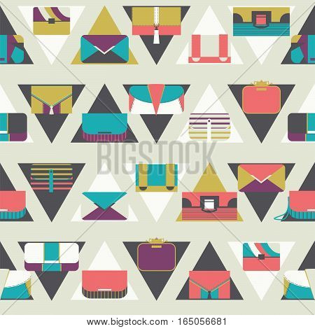 Seamless pattern with fashion bags and clutches in various shapes and sizes. Geometric vector illustration based on dark and white triangles and women bags. Bright stylish design for fashion