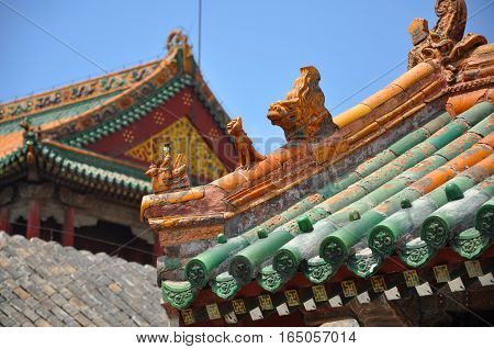 Colored glazed decoration of Chongzheng Hall in the center of Shenyang Imperial Palace (Mukden Palace), Shenyang, Liaoning Province, China. Shenyang Imperial Palace is UNESCO world heritage site.