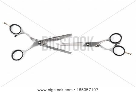 Set of hairdressing scissors isolated on white background.