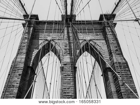 Brooklyn Bridge pylon close up in black and white