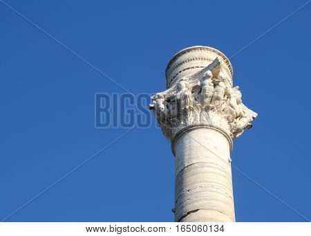 Pillar marking the end of the old roman road Via Appia from Rome in Brindisi Italy Puglia