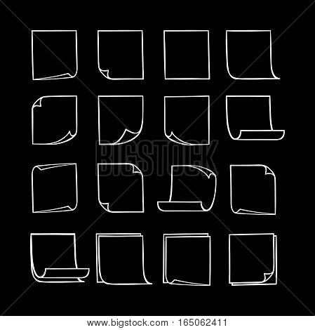 Vector black and white stick notes, collection of hand-drawn sheets of note paper with place for your text and message, isolated monochrome sticky note with curled corners, EPS 8