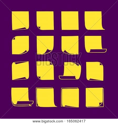 Vector yellow stick notes, collection of hand-drawn sheets of note paper with place for your text and message, isolated sticky note with curled corners, EPS 8