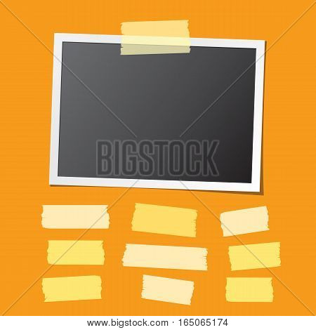 Realistic photo card fixed on orange background and collection of sticky tape pieces. Paper frame template with blank space for your image. Detailed vector eps10 illustration with transparency.