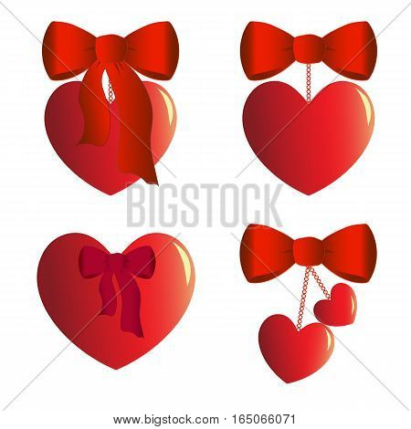 Four heart charms with bows, ribbons and chains. Gift for Valentine s day. Vector illustration