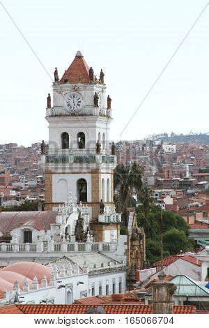 Sucre Bolivia - December 7 2016: Clock tower of Metropolitan Cathedral with view of Sucre Bolivia on December 7 2016