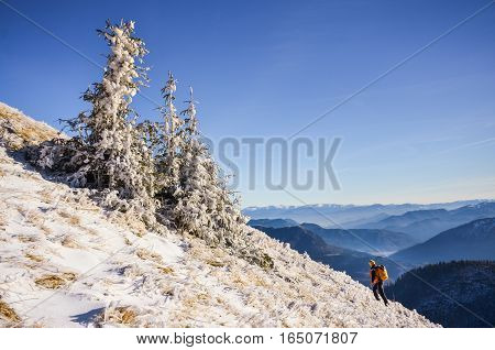 Fantastic evening winter landscape. Dramatic overcast sky.