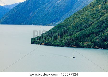 Tourism vacation and travel. Mountains landscape and fjord in Norway Scandinavia Europe. Beautiful nature