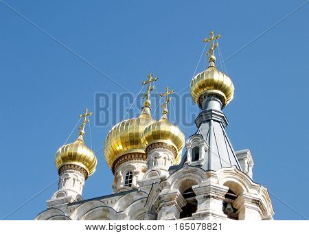 Domes of the Russian Orthodox Church of Saint Maria Magdalena in Jerusalem Israel January 13 2008