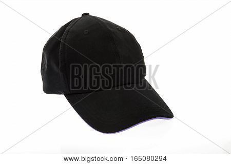 Golf cap black with purple colour trim for man on white background