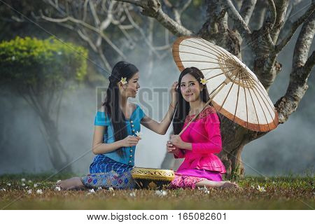 Beautiful Laos girl in Laos costume.Lao traditional dress of a beautiful woman.