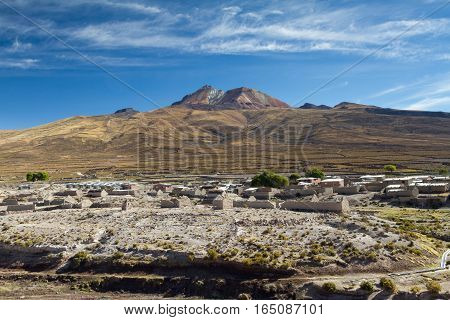 Village of Tahua in front of the Tunupa volcano Altiplano Bolivia