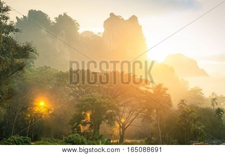 Thick wild vegetation and mountains in Khao Sok national park forest at sunset - Wanderlust travel lifestyle adventure around south east asian Thailand wonders - Enhanced sunflare halo with misty haze