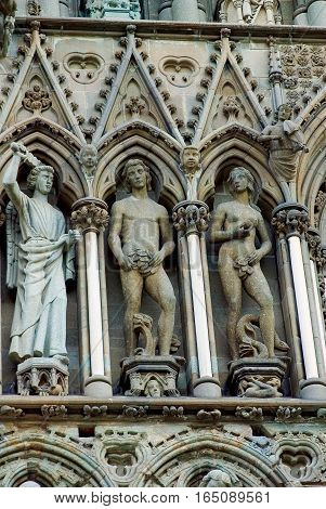 Norway Trondheim. Cathedral of St. Olaf sometimes called "Nidaros Cathedral" was built with one thousand one hundred fortieth year more than three hundred years. The elements of the facades.