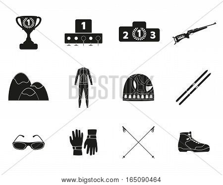 Biathlon. Silhouette icon set of equipment, wear and shoes. Vector illustration.