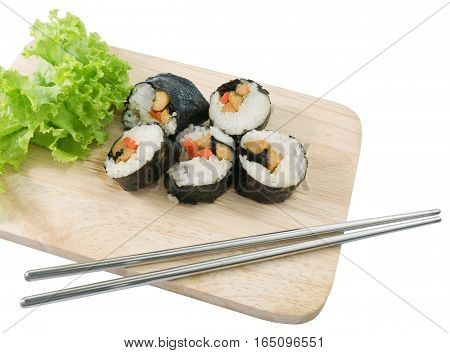 Japanese Cuisine Fresh Veggie Sushi Rolls or Vegetable Maki with Chopsticks Served on Wooden Tray.