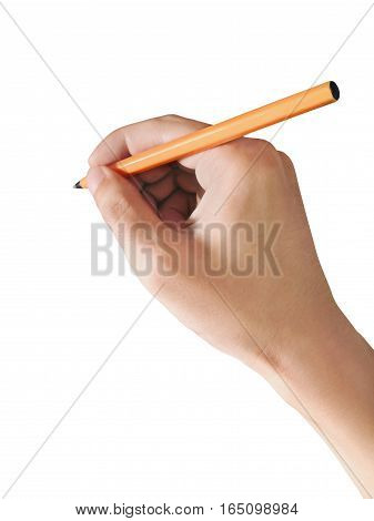 A man holds a pen isolated on white background