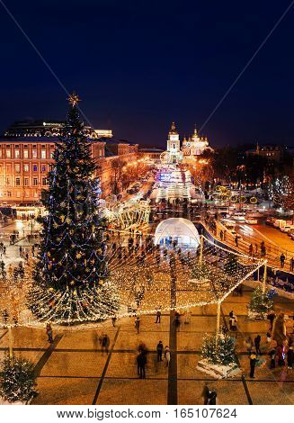 Xtree with new year decorations on the Sophia's Square in the center of Kiev, Ukraine. 13 january 2017
