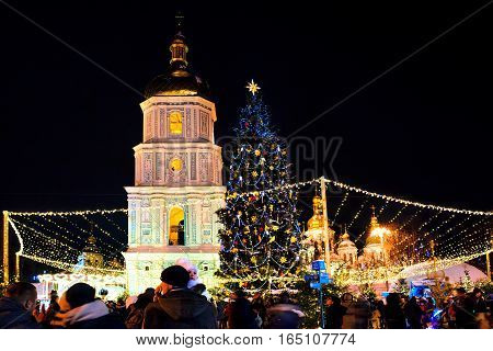 Xtree with new year decorations on the Sophia's Square in the center of Kiev, Ukraine. 13 january 2017