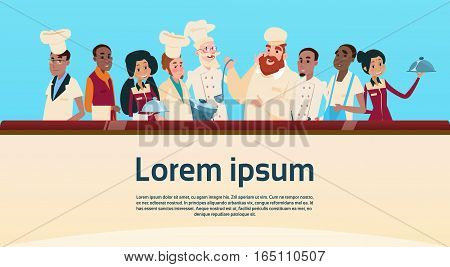 Restaurant Stuff Cook And Waiters Service Mix Race Group Banner Flat Vector Illustration