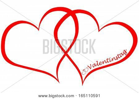 Two hearts and the german word for valentine`s day (Valentinstag), isolated on white