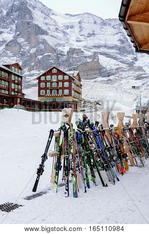 JungfrauSwitzerland-Jan 42017:Closeup Equipment for skiing a sport popular in winter in Switzerland and in countries with colder climates and snow.