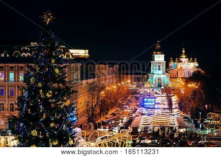 Xtree with new year decorations on the Sophia's Square in the center of Kiev, Ukraine