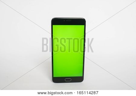 phone in your hands with a green screen for chromakeyer on a white background