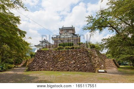 OHNO JAPAN - AUGUST 02 2016: Reconstructed main keep (donjon) of Echizen Ohno castle. Castle was founded in 1576 by Kanamori Nagachika dismantled in 19th c reconstructed in 1968