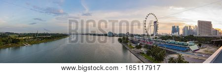 Singapore - January 7 2017: Panorama view of Marina Bay. High view of Singapore City Marina Bay is one of the most famous tourist attraction in Singapore.