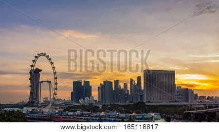 Singapore - January 7 2017: Cityscape Singapore Urban Skyline and View of Skyscrapers at Sunset time in Singapor