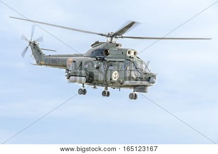 Bucharest, Romania - September 5, 2015. Aerobatic Elicopter Pilots Training In The Sky Of The City.