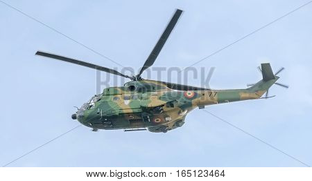 Bucharest, Romania - September 5, 2015. Aerobatic Elicopter Pilots Training In The Sky Of The City.