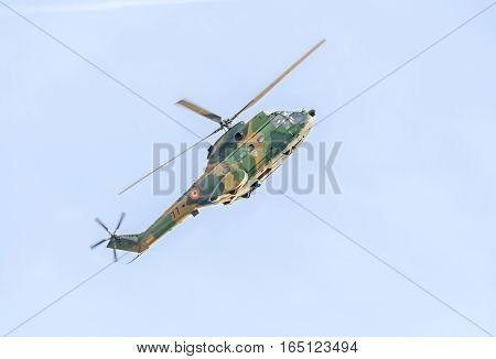 Bucharest, Romania - September 5, 2015. Aerobatic Elicopter Pilots Training In The Sky Of The City.
