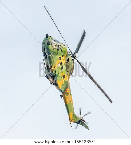 Bucharest, Romania - September 5, 2015. Aerobatic Elicopter Pilots Training In The Sky Of The City.